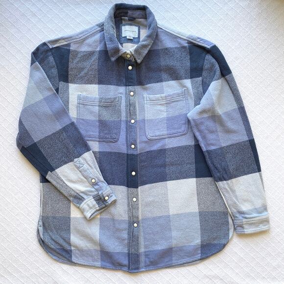 American Eagle Oversized Blue Plaid Flannel Shacket Shirt Snap Front Women Small - Picture 5 of 10